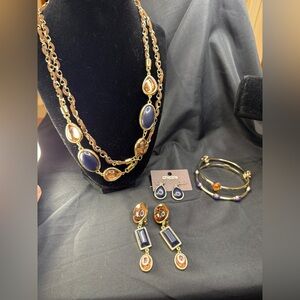 Chico’s Bundle Blue Orange Stone Rhinestone wGold Necklace, Bracelets, Earrings